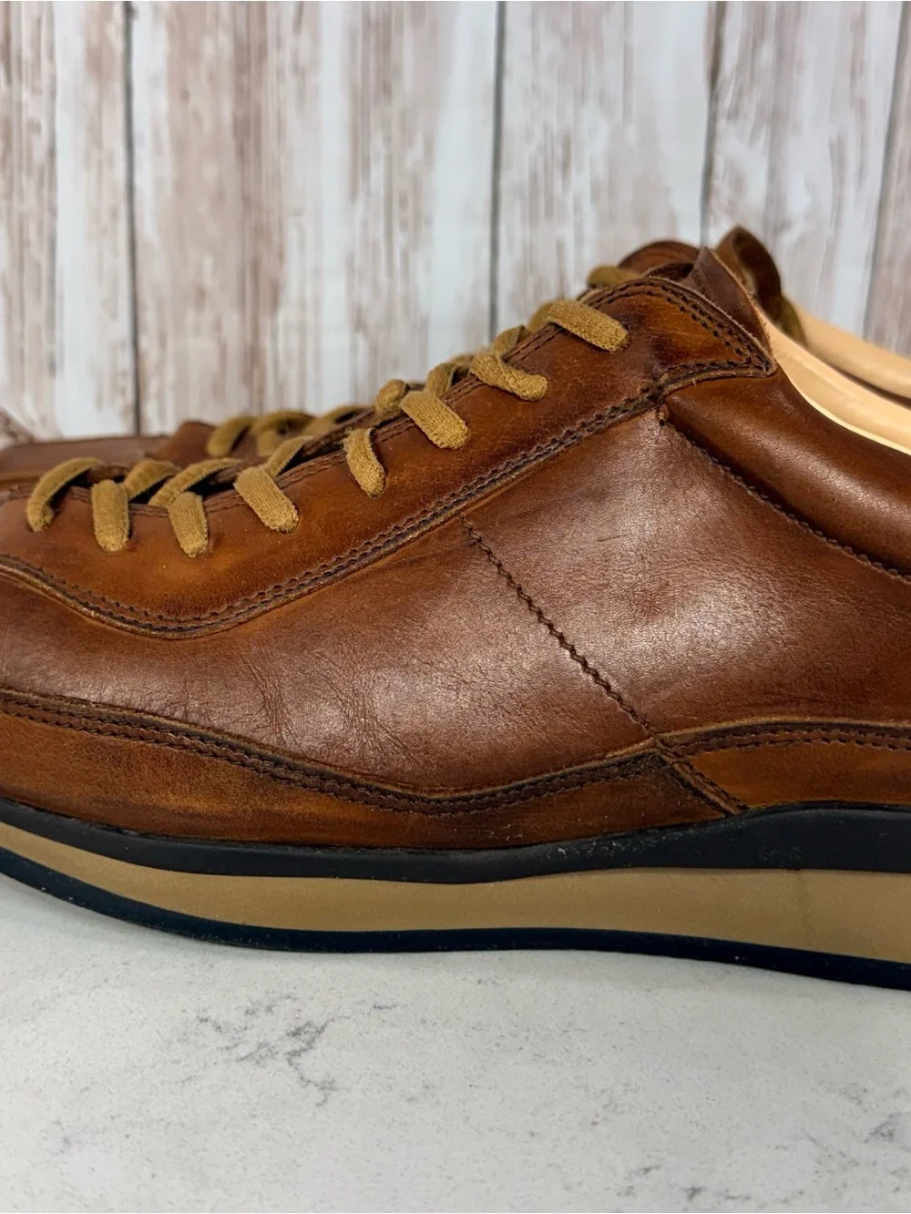Prada Shoes Men Carame Brown Leather Luxury Sneakers Prada Size 9 US Size 10
